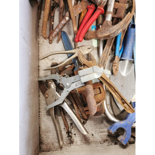 36 - Box containing a large quantity of tools inc garden shears, hand saws, metal detector, hammers, plie... 