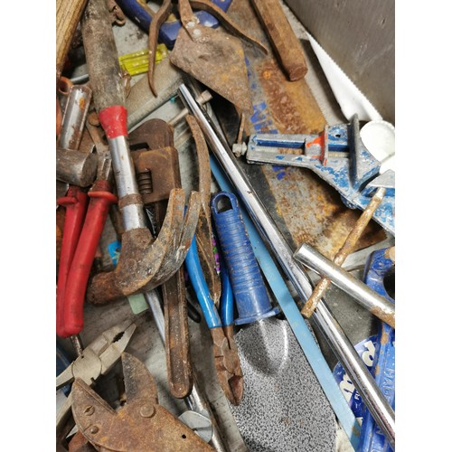 36 - Box containing a large quantity of tools inc garden shears, hand saws, metal detector, hammers, plie... 