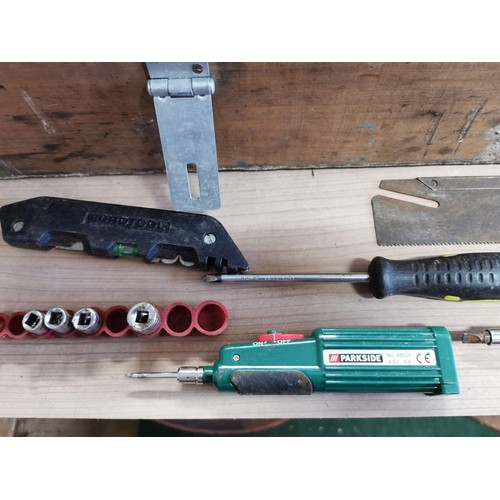 39 - Large lockable pine carpenters box containing an assortment of tools inc inc Handsaw , pliers, vario... 