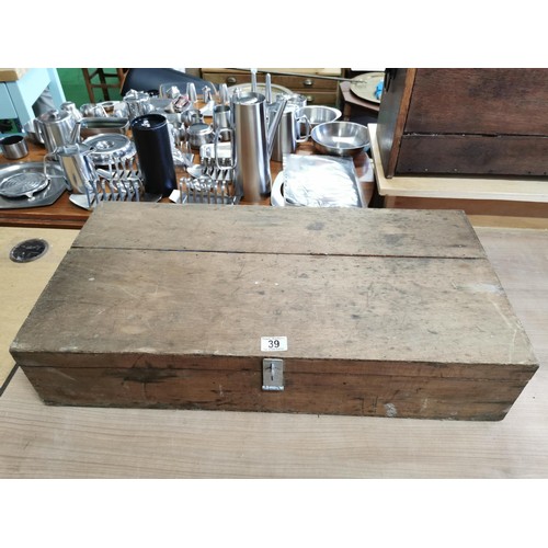 39 - Large lockable pine carpenters box containing an assortment of tools inc inc Handsaw , pliers, vario... 