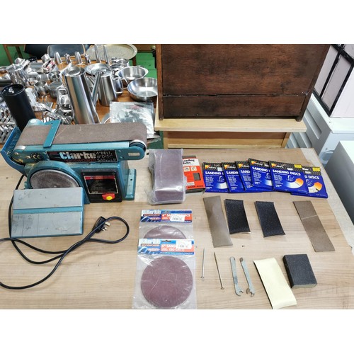 42 - Clarke wood worker belt & disk sander along with spare belts disks sand paper etc belt measures 4in ... 