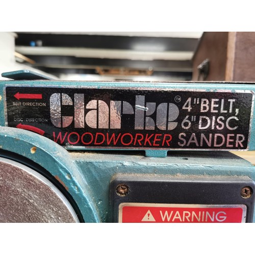 42 - Clarke wood worker belt & disk sander along with spare belts disks sand paper etc belt measures 4in ... 