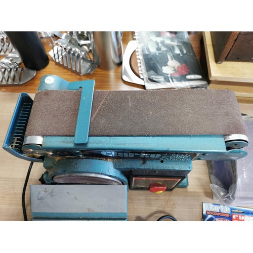 42 - Clarke wood worker belt & disk sander along with spare belts disks sand paper etc belt measures 4in ... 