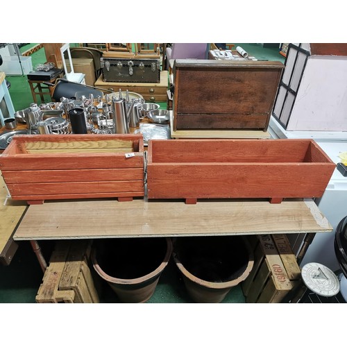 61 - 2 x rectangle wooden planters good ready to plant condition and one with rope handles