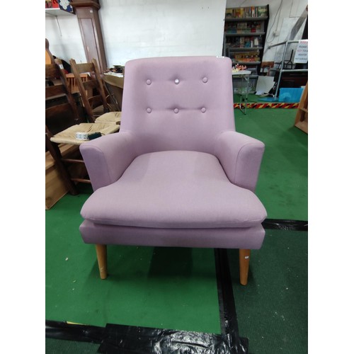 513 - Purple buttoned back boudoir chair with fire safety label and in fine clean condition