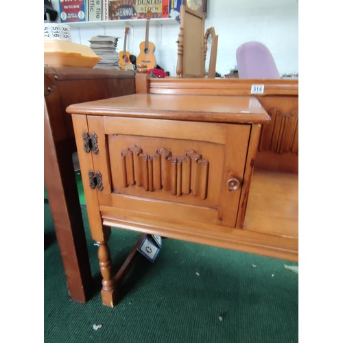 514 - Linen fold oak effect telephone seat with a cupboard to left in good condition