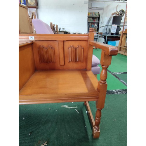 514 - Linen fold oak effect telephone seat with a cupboard to left in good condition