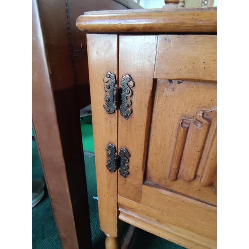 514 - Linen fold oak effect telephone seat with a cupboard to left in good condition