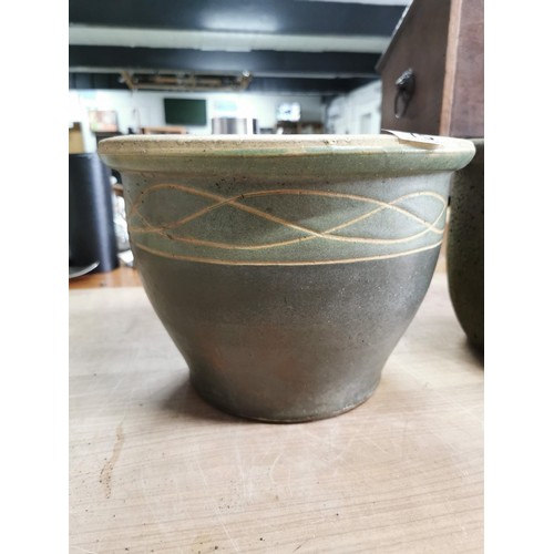 75 - 2 x terracotta plant pots with good aged appearance one is 25cm wide the other 30cm