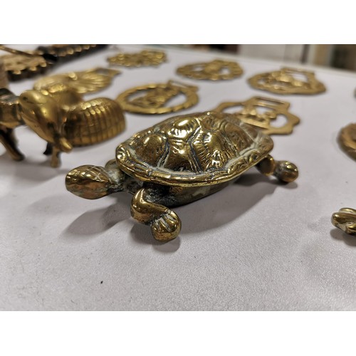 438 - Box containing a quantity of horse brasses, brass turtle, brass frog, welsh lady etc