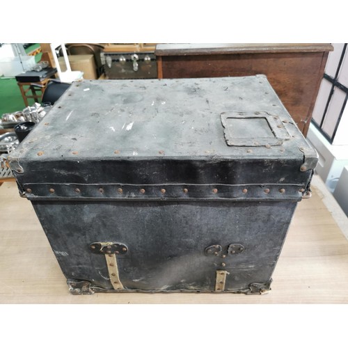 79 - Vintage lead lined leather bounded portable larder for keeping things cold. 48cm high, length 57cm a... 