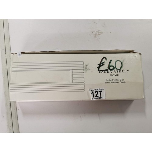 127 - Original chrome Laura Ashley ribbed letter box in original Laura Ashley box 28cm long