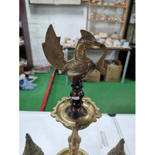 443 - Antique Deccan bird formed Oil Lamp, Indian, Hamsa, along with a pair of cast metal Tibetan heads