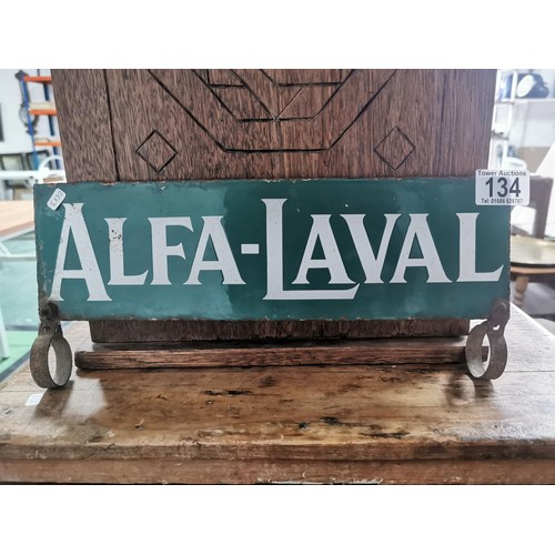 134 - Vintage green and white Alfa-Laval sign in good vintage condition with minimal ware, has fastening b... 