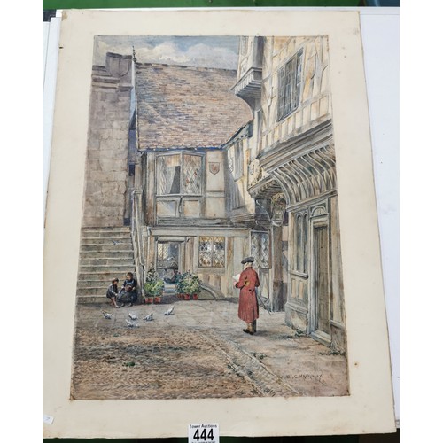 444 - Framed & glazed signed by listed artist D.C. Mackinlay watercolour of a traditional Tudor scene. Mea... 