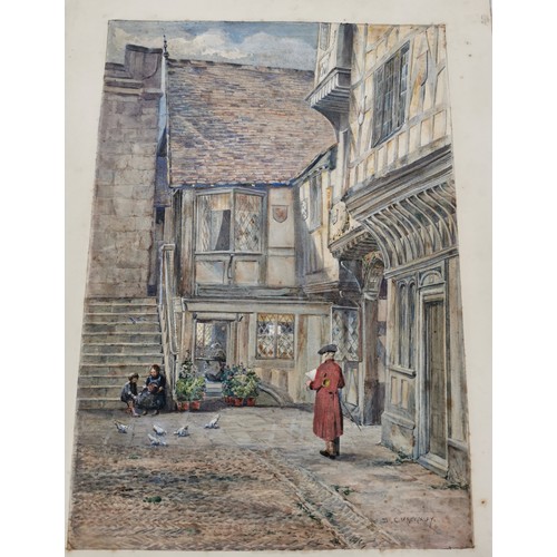 444 - Framed & glazed signed by listed artist D.C. Mackinlay watercolour of a traditional Tudor scene. Mea... 