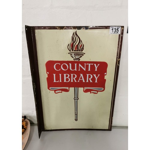 135 - Vintage enamel flandged bilingual double sided County Library Llyfrgell Y Sir sign in good vintage c... 