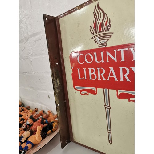 135 - Vintage enamel flandged bilingual double sided County Library Llyfrgell Y Sir sign in good vintage c... 