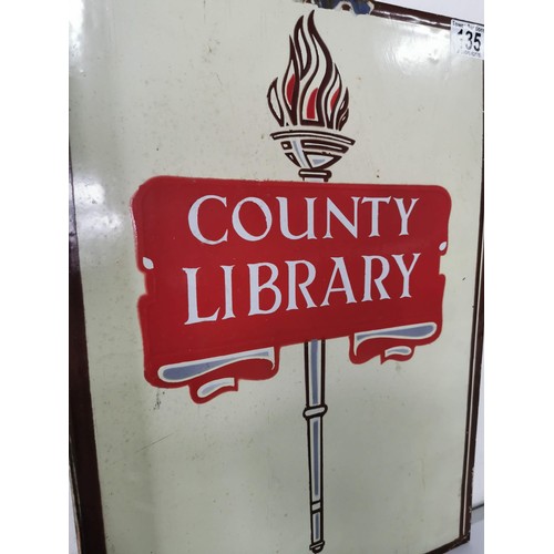 135 - Vintage enamel flandged bilingual double sided County Library Llyfrgell Y Sir sign in good vintage c... 