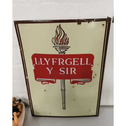 135 - Vintage enamel flandged bilingual double sided County Library Llyfrgell Y Sir sign in good vintage c... 