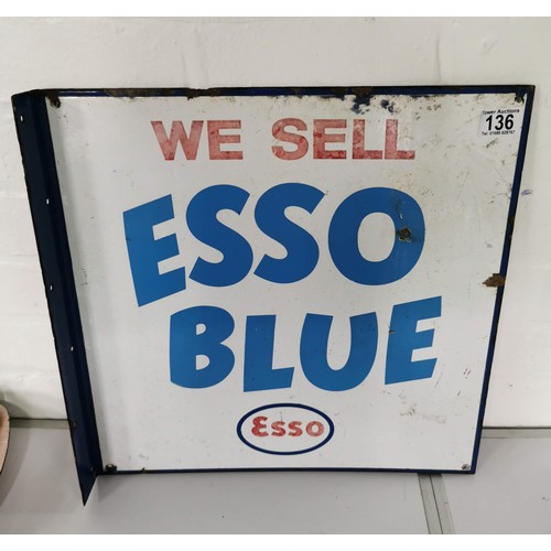 136 - Vintage enamel double sided Esso Blue sign 'We sell Esso Blue' Esso with flanged side piece reverse ... 