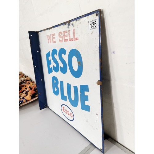 136 - Vintage enamel double sided Esso Blue sign 'We sell Esso Blue' Esso with flanged side piece reverse ... 