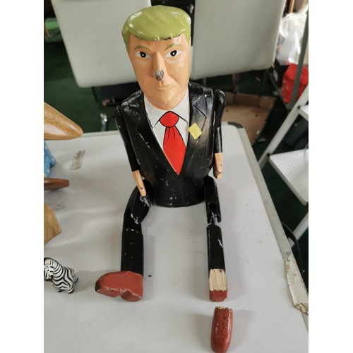 97 - Collection of wooden items inc. ducks, a sitting Donald Trump and Minnie mouse figs