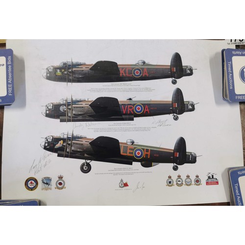 175 - Collection of 9x prints, inc 7x relating to WWII aircraft, inc Lancaster bombers, some of the poster... 