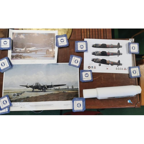 175 - Collection of 9x prints, inc 7x relating to WWII aircraft, inc Lancaster bombers, some of the poster... 