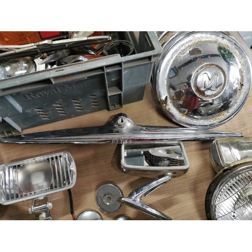 13 - 2 x crates of various vintage and modern car parts accessories, with Hella spot lamps and much more