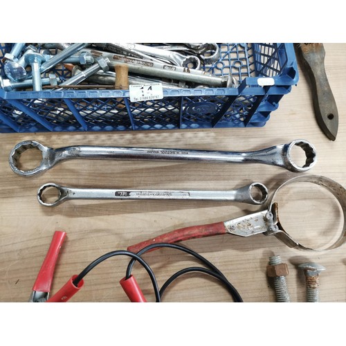 14 - Crate of spanners inc. ratchet type and various ring spanners etc