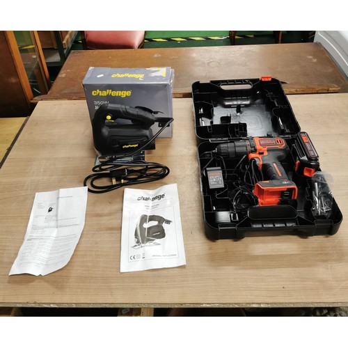 15 - Black & Decker 18v power drill in case with a Challenge 350w jigsaw both working order