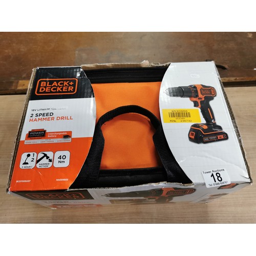 19 - Black & Decker boxed as new 18v 2 speed battery hammer drill complete with instructions and charger ... 