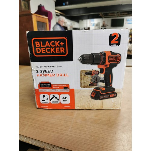 19 - Black & Decker boxed as new 18v 2 speed battery hammer drill complete with instructions and charger ... 