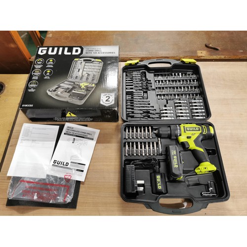 23 - As new Guild 18v cordless drill combi with 100 accessories in original carry case