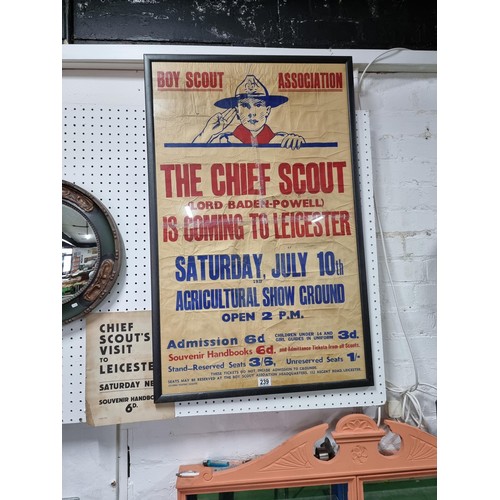 207 - Very rare early vintage boy scout poster chief scout Lord Baden Powell is coming to Leicester 1937 p... 