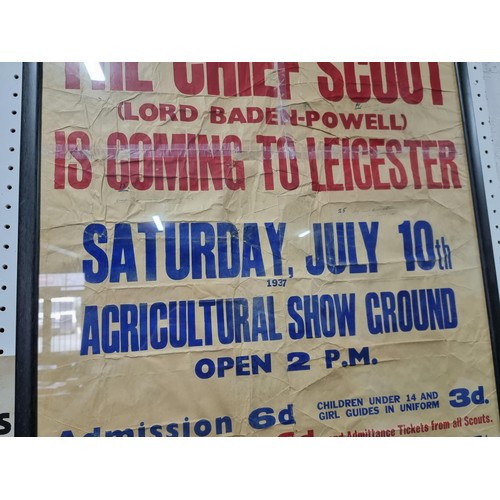 207 - Very rare early vintage boy scout poster chief scout Lord Baden Powell is coming to Leicester 1937 p... 