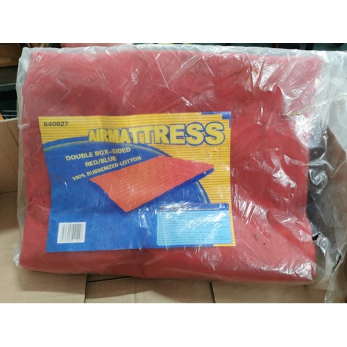 60 - Box containing a quantity of camping items inc inflatable double bed two man tent and a kettle.