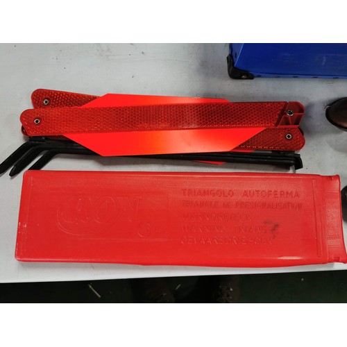 99 - Heavy duty handled plastic box containing warning triangle, watering can roses, along with a quantit... 