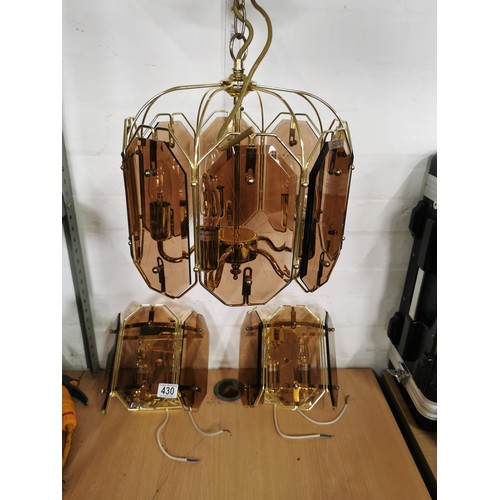 430 - Vintage 1970s chandelier smokey glass set of three inc two wall sconces and all new and unused fab c... 