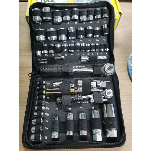 30 - Tray of tool handles a great 50 piece Stanley tool set new in box and a new reel of zinc plated chai... 