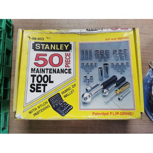 30 - Tray of tool handles a great 50 piece Stanley tool set new in box and a new reel of zinc plated chai... 