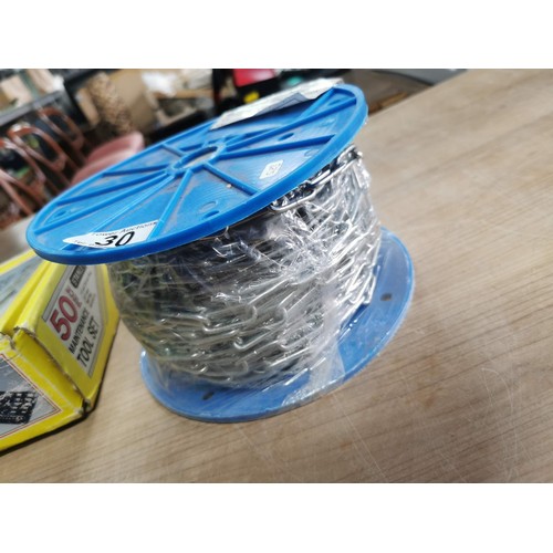 30 - Tray of tool handles a great 50 piece Stanley tool set new in box and a new reel of zinc plated chai... 