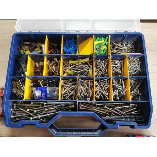 31 - Compartment tray full of a vast assortment of screws and 4 boxes of new wood screws