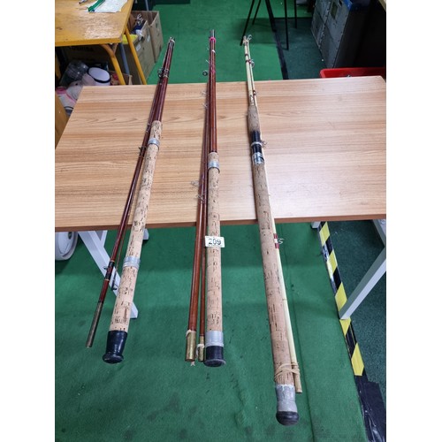 209 - 3x early vintage fishing rods including two 3 piece rods and one 2 piece rod, the 2 piece is named Q... 