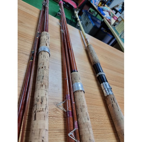 209 - 3x early vintage fishing rods including two 3 piece rods and one 2 piece rod, the 2 piece is named Q... 