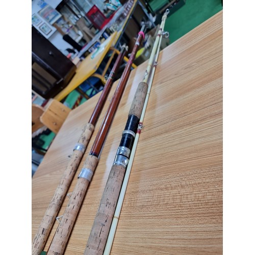 209 - 3x early vintage fishing rods including two 3 piece rods and one 2 piece rod, the 2 piece is named Q... 