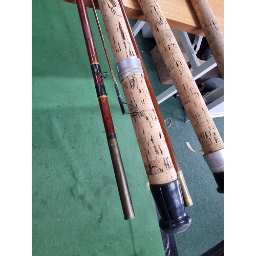 209 - 3x early vintage fishing rods including two 3 piece rods and one 2 piece rod, the 2 piece is named Q... 