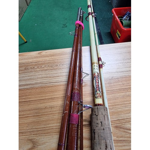 209 - 3x early vintage fishing rods including two 3 piece rods and one 2 piece rod, the 2 piece is named Q... 