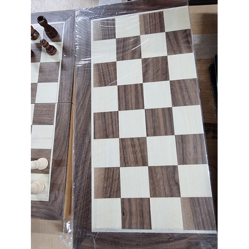 197A - 3x As New wooden chess boards with wooden pieces, folds away for ease of transportation. 39.5cm x 39... 